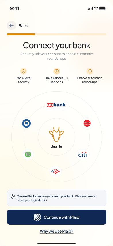 Giraffe Gold bank connection screen