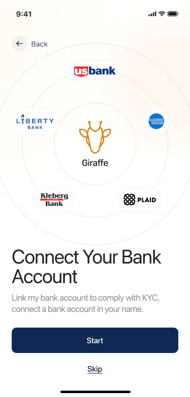 Giraffe Gold bank connection screen