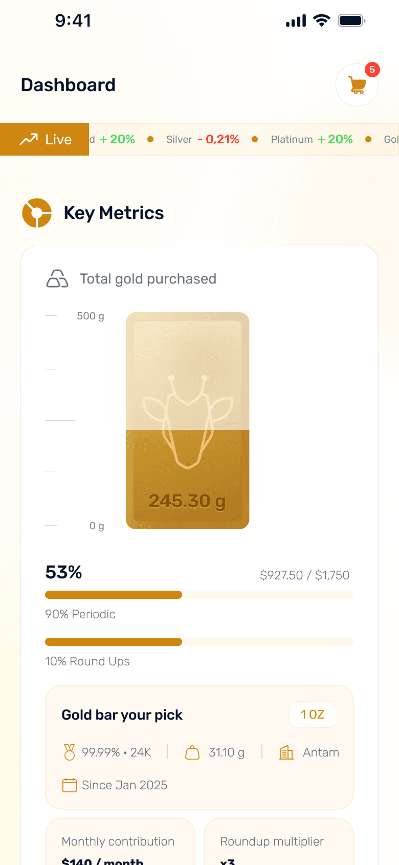 Giraffe Gold app dashboard